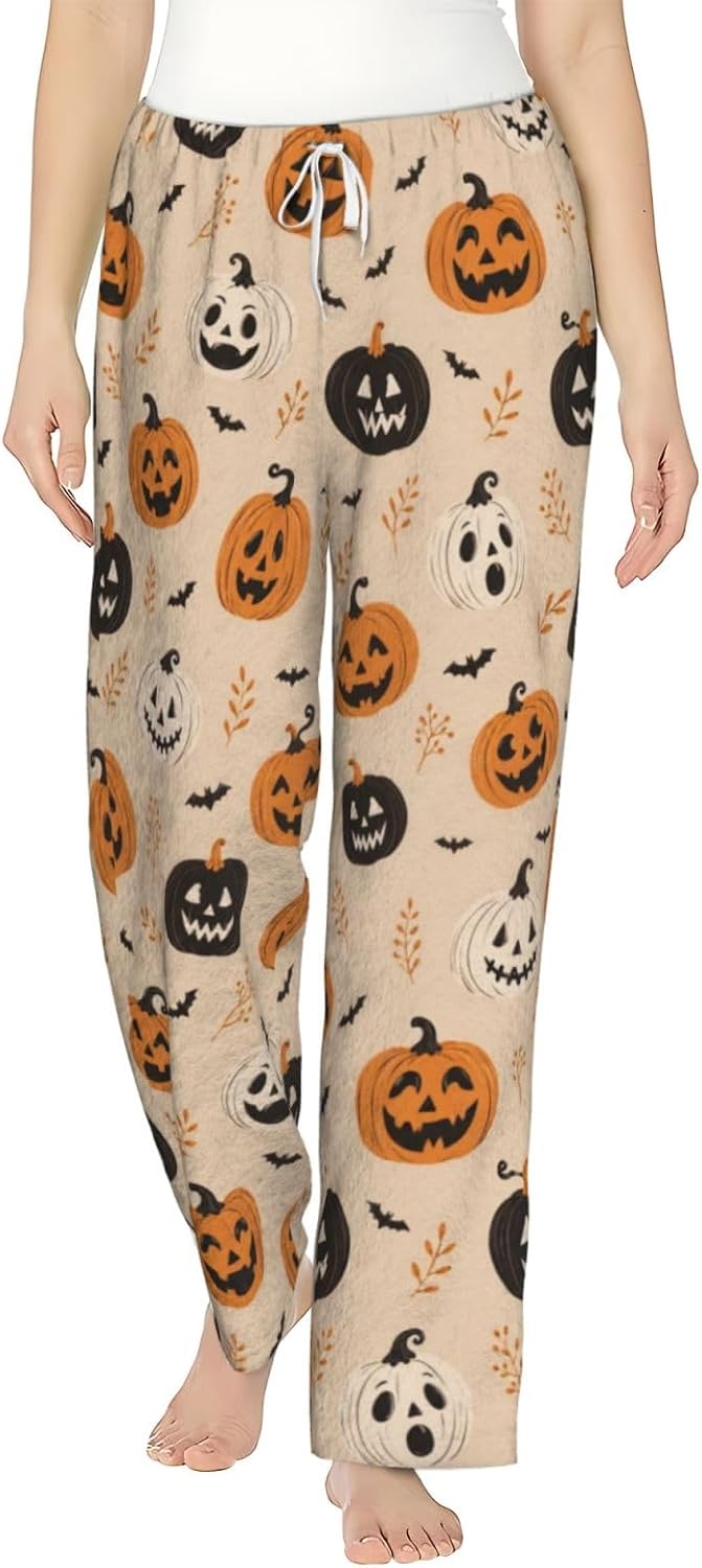 Halloween Pumpkin Ghost Bat Flannel Pajama Pants For Women. Soft Fleece Lounge Pants With Pockets And Adjustable Drawstring