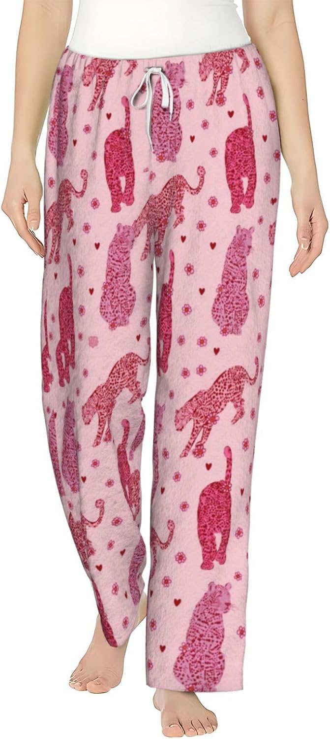 Pink Tiger Rose Floral Flannel Pajama Pants For Women. Soft Fleece Lounge Pants With Pockets And Adjustable Drawstring