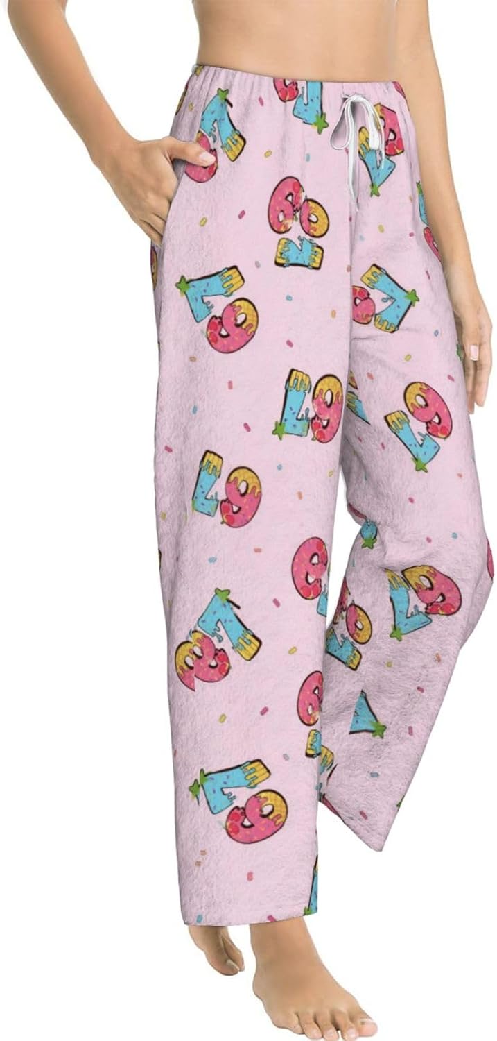 PVVCDV 67 Blue Bow Number Six Seven Flannel Pajama Pants For Women. Soft Fleece Lounge Pants