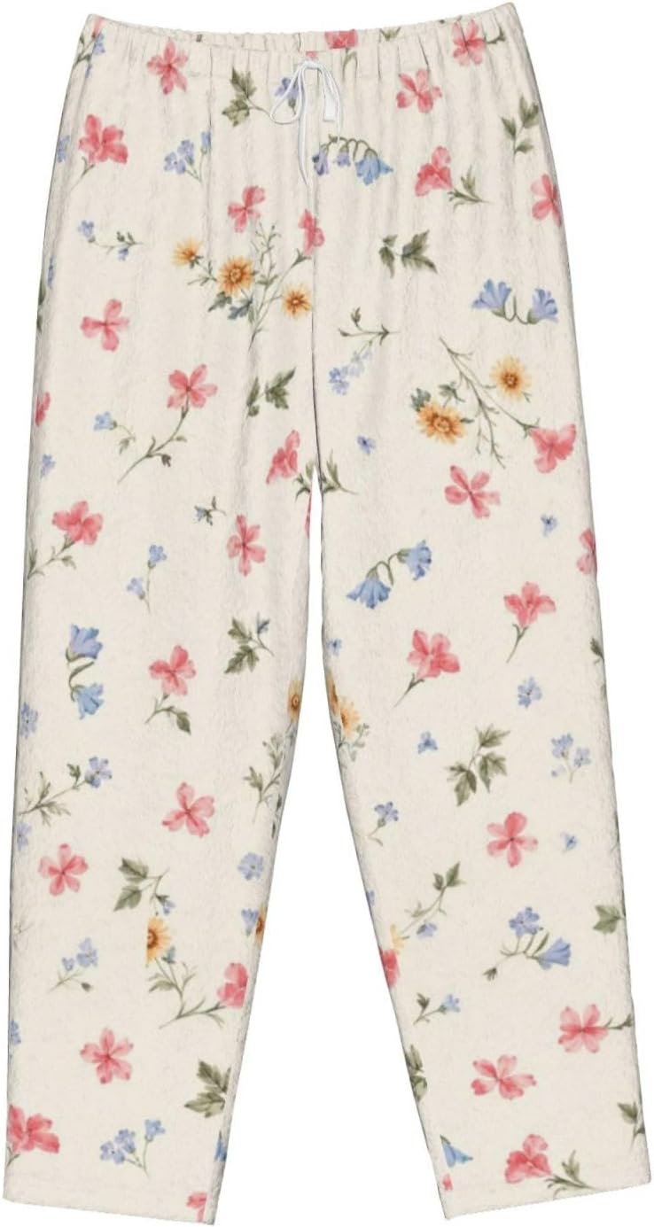 PVVCDV Yellow Floral White Flannel Pajama Pants For Women. Soft Fleece Lounge Pants With Pockets And Adjustable Drawstring