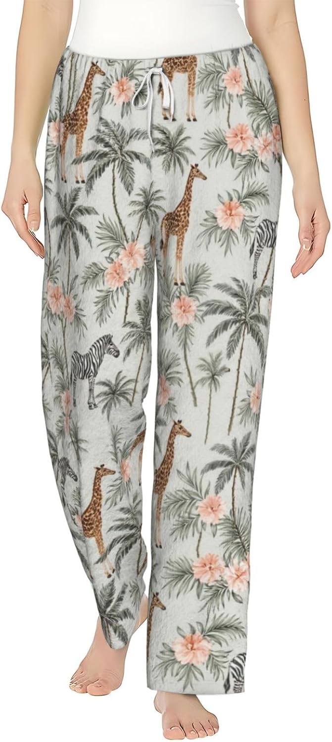 PVVCDV Tropical Safari Animal Print Flannel Pajama Pants For Women. Soft Fleece Lounge Pants