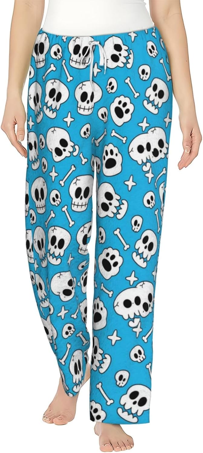 Gothic Bat Floral Black White Flannel Pajama Pants For Women. Soft Fleece Lounge Pants With Pockets And Adjustable Drawstring