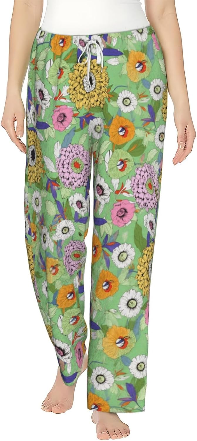 Floral Garden Boho Flannel Pajama Pants For Women. Soft Fleece Lounge Pants With Pockets And Adjustable Drawstring