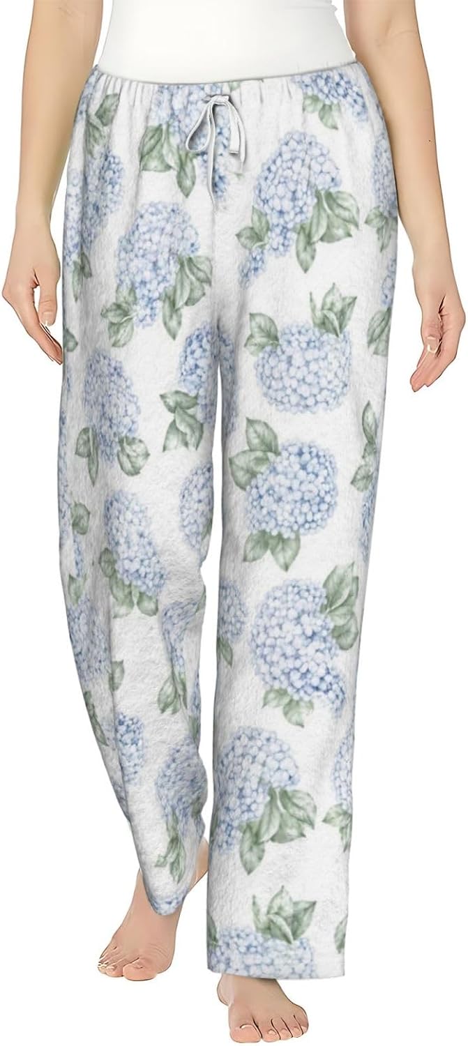 Blue Hydrangea Floral Flannel Pajama Pants For Women. Soft Fleece Lounge Pants With Pockets And Adjustable Drawstring