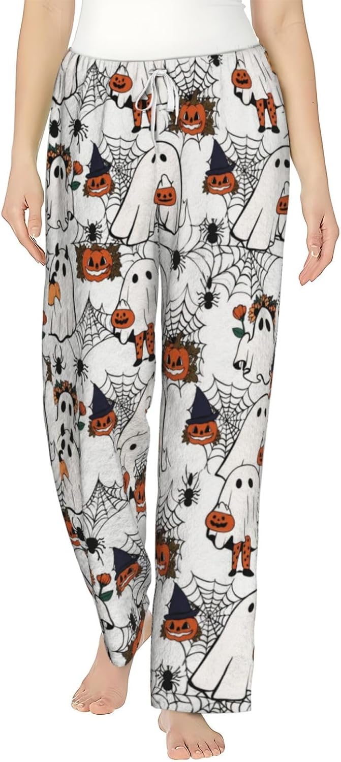 Halloween Ghost Pumpkin Witch Hat Flannel Pajama Pants For Women. Soft Fleece Lounge Pants