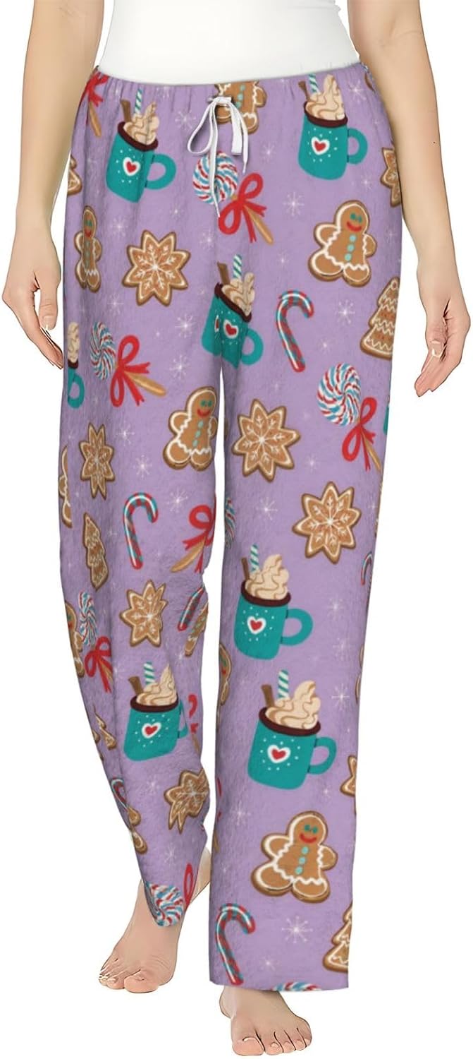 Christmas Leopard Cat Flannel Pajama Pants For Women. Soft Fleece Lounge Pants With Pockets And Adjustable Drawstring