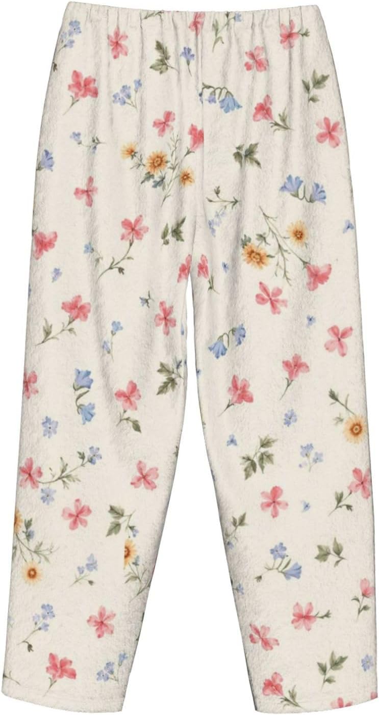PVVCDV Yellow Floral White Flannel Pajama Pants For Women. Soft Fleece Lounge Pants With Pockets And Adjustable Drawstring