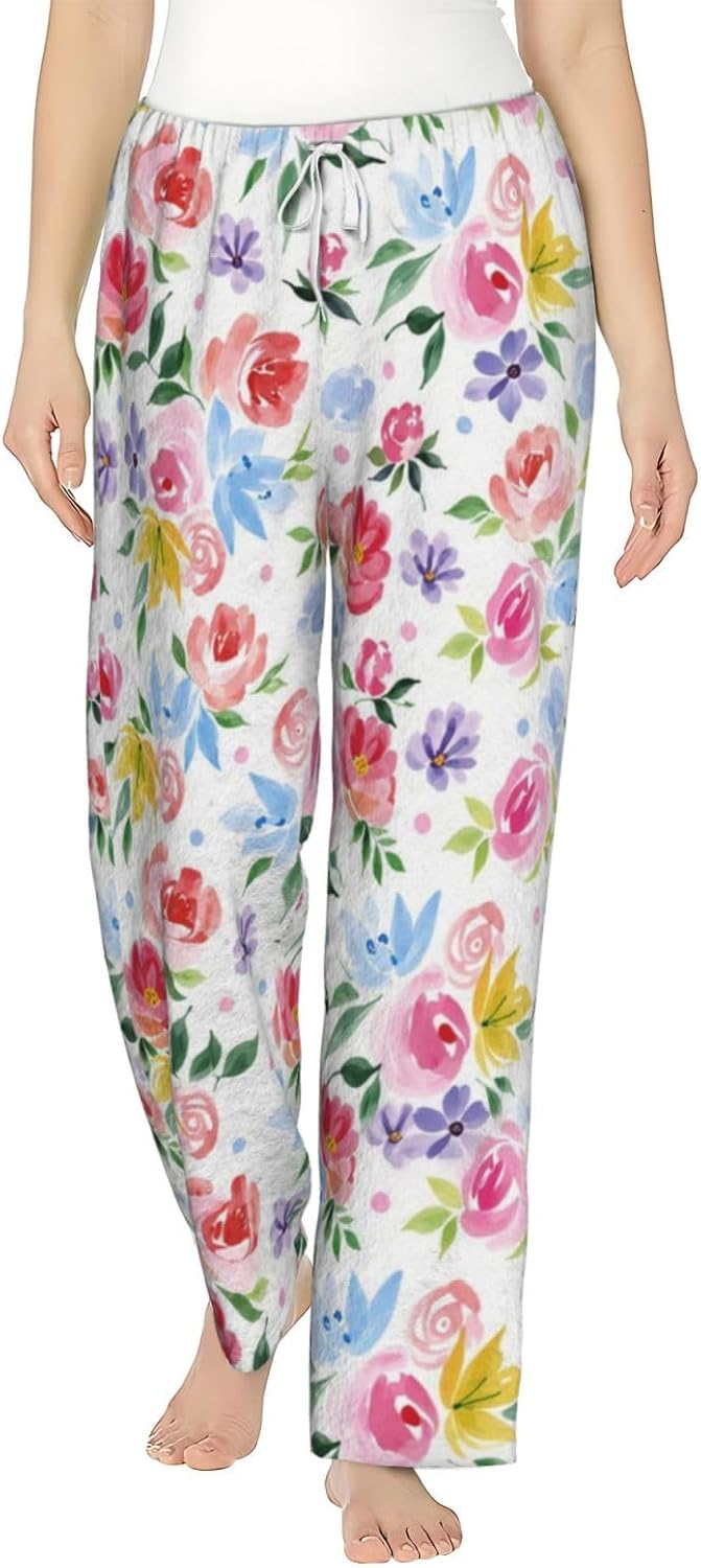 PVVCDV Yellow Floral White Flannel Pajama Pants For Women. Soft Fleece Lounge Pants With Pockets And Adjustable Drawstring