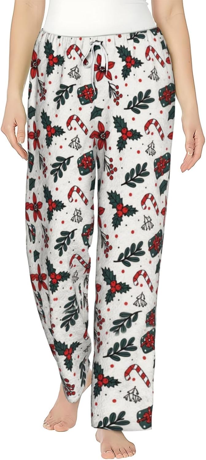 Christmas Leopard Cat Flannel Pajama Pants For Women. Soft Fleece Lounge Pants With Pockets And Adjustable Drawstring