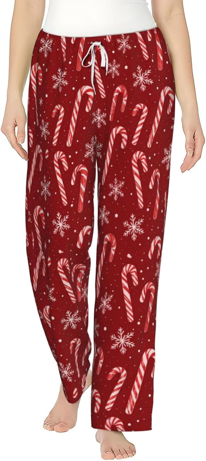 Red Striped Christmas Tree Flannel Pajama Pants For Women. Soft Fleece Lounge Pants With Pockets And Adjustable Drawstring