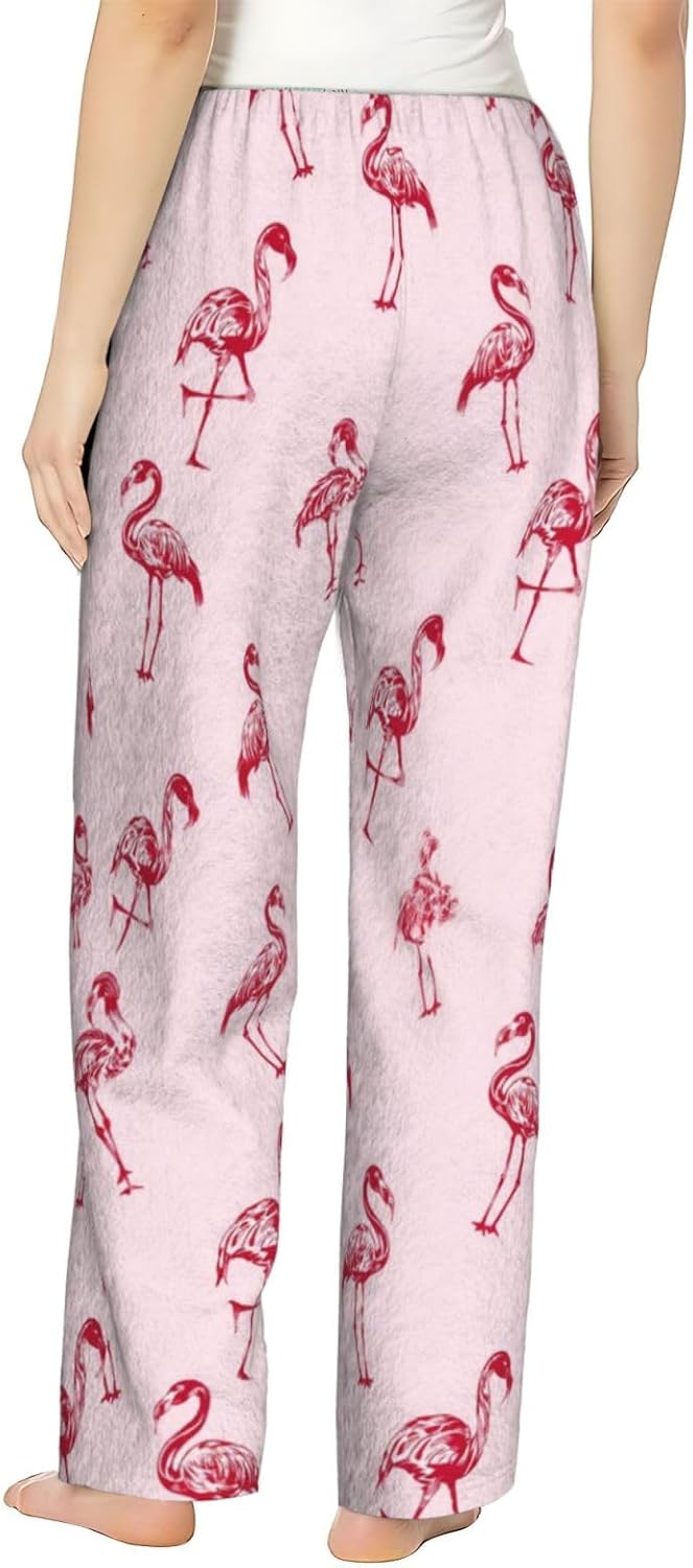 Pink Flamingo Bird Flannel Pajama Pants For Women. Soft Fleece Lounge Pants With Pockets And Adjustable Drawstring