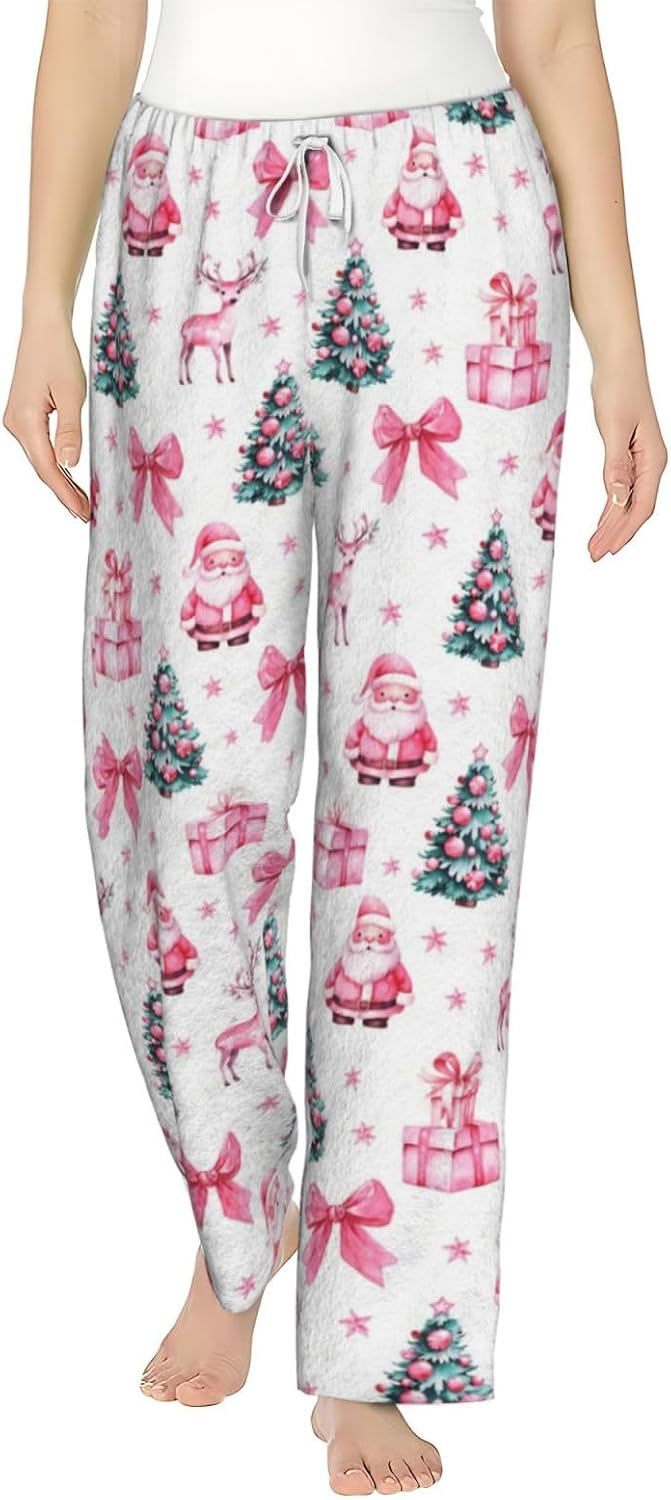 Red Striped Christmas Tree Flannel Pajama Pants For Women. Soft Fleece Lounge Pants With Pockets And Adjustable Drawstring