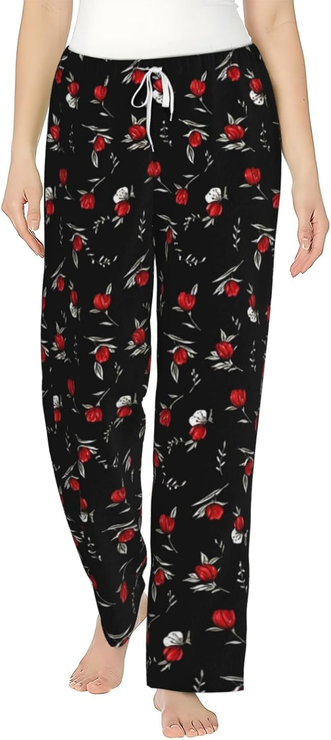 Vintage Books And Wildflowers Flannel Pajama Pants For Women. Soft Fleece Lounge Pants With Pockets And Adjustable Drawstring