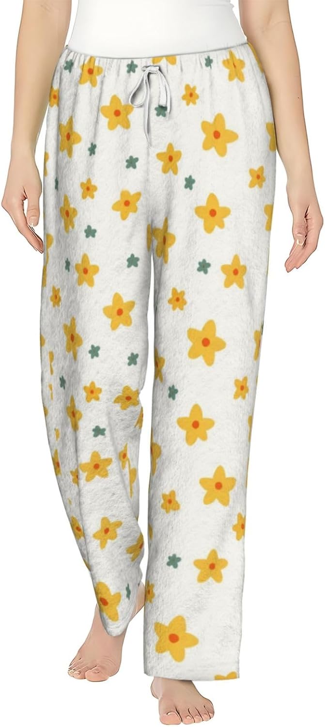 PVVCDV Yellow Floral White Flannel Pajama Pants For Women. Soft Fleece Lounge Pants With Pockets And Adjustable Drawstring
