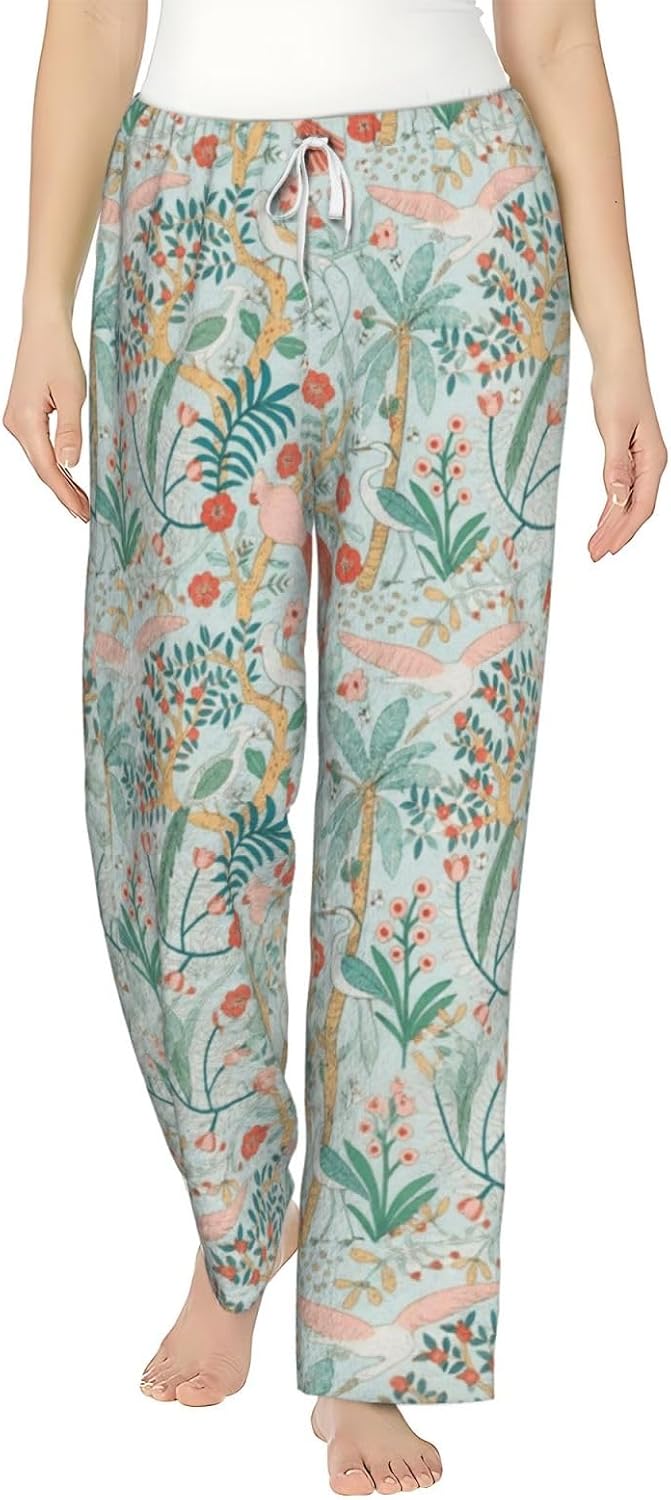 Blue Floral Flannel Pajama Pants For Women. Soft Fleece Lounge Pants With Pockets And Adjustable Drawstring