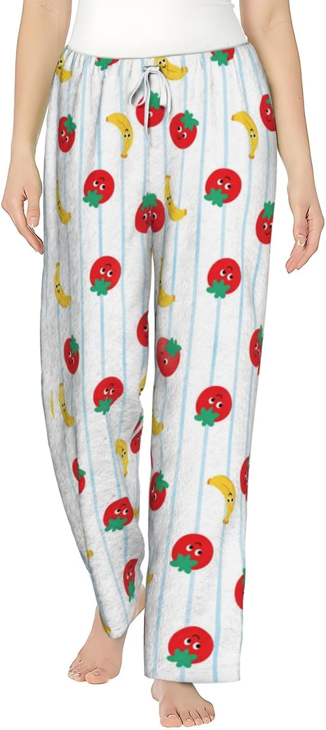 Cute Strawberry Floral Flannel Pajama Pants For Women. Soft Fleece Lounge Pants With Pockets And Adjustable Drawstring