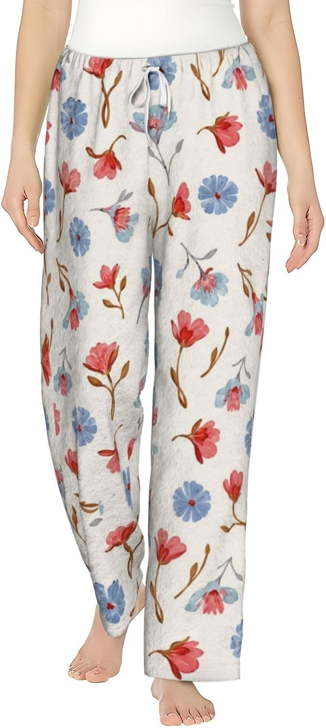 PVVCDV Yellow Floral White Flannel Pajama Pants For Women. Soft Fleece Lounge Pants With Pockets And Adjustable Drawstring