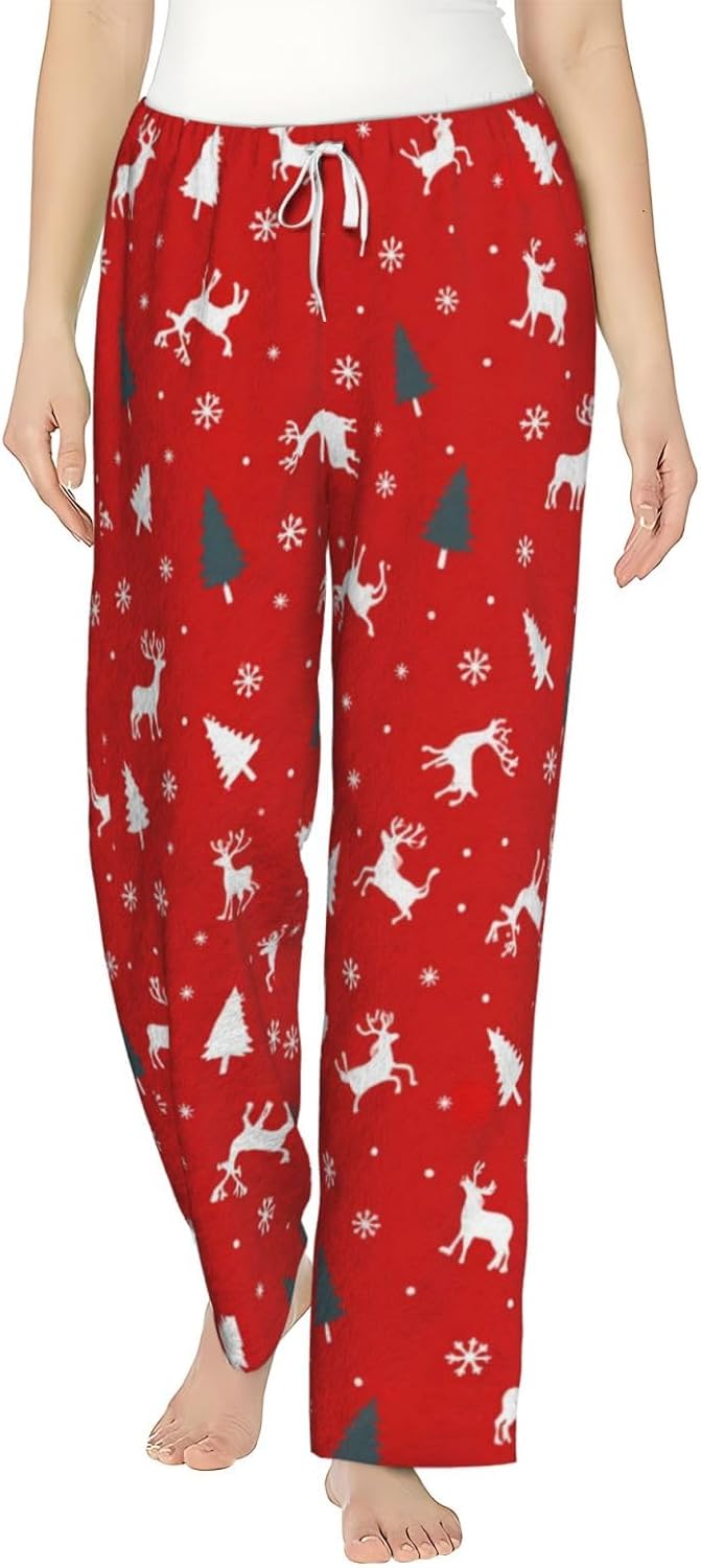 Red Striped Christmas Tree Flannel Pajama Pants For Women. Soft Fleece Lounge Pants With Pockets And Adjustable Drawstring
