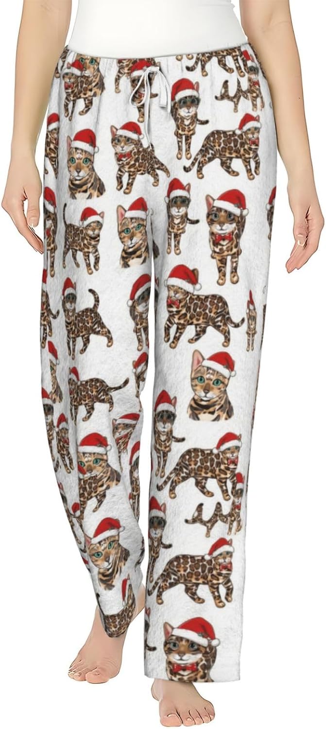 Christmas Leopard Cat Flannel Pajama Pants For Women. Soft Fleece Lounge Pants With Pockets And Adjustable Drawstring