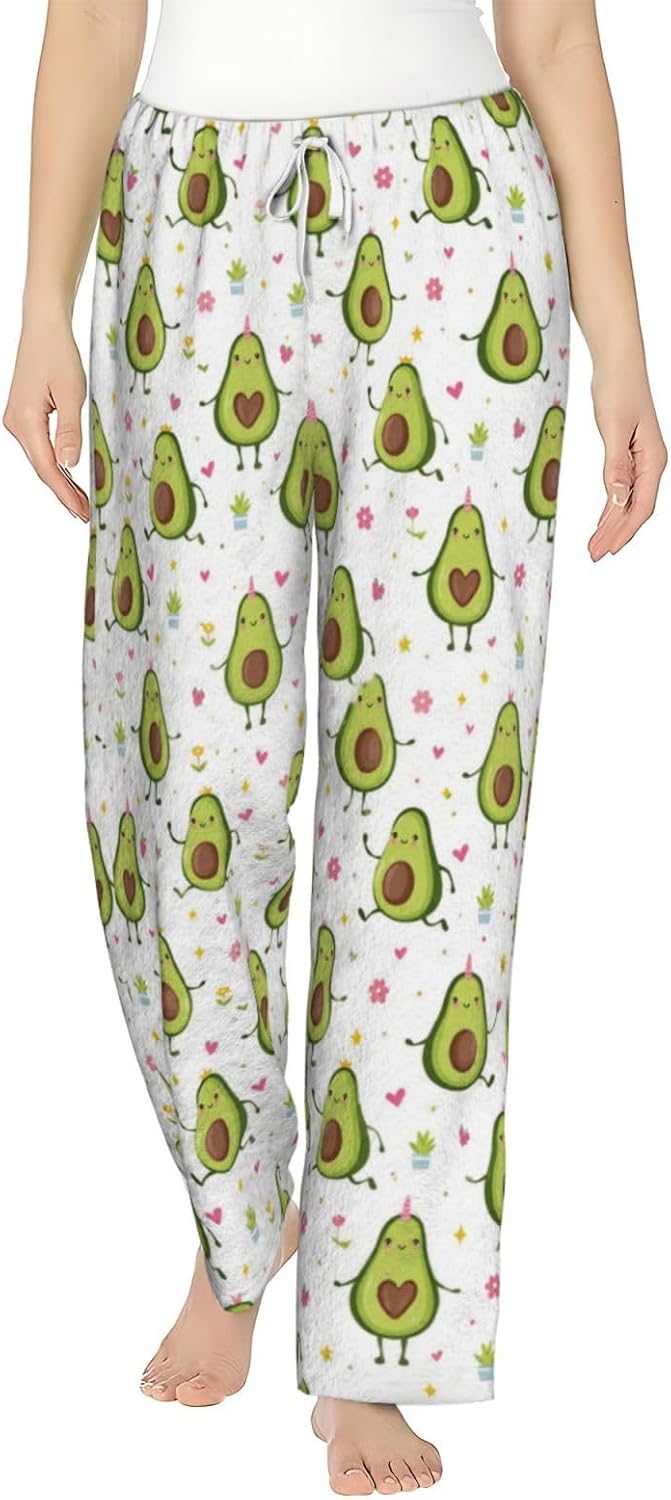 PVVCDV Cute Avocado Flannel Pajama Pants For Women. Soft Fleece Lounge Pants With Pockets And Adjustable Drawstring