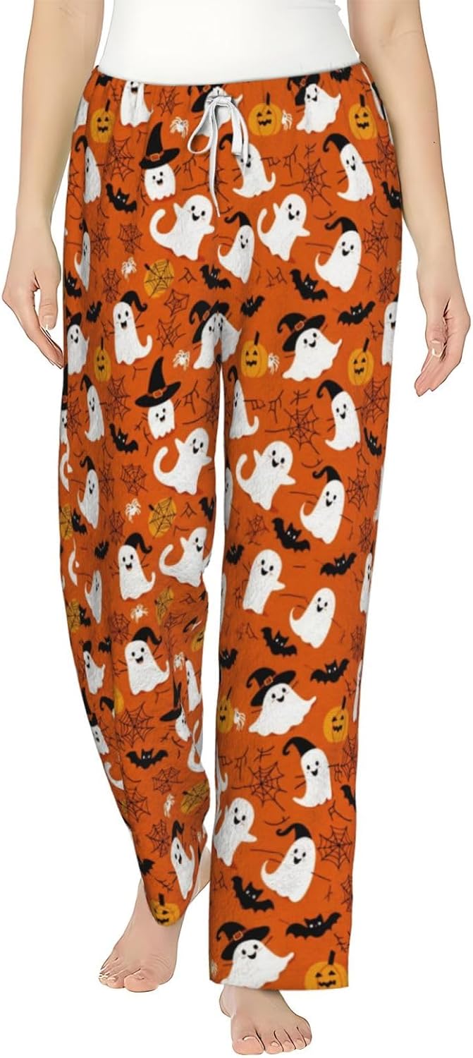 Halloween Ghost Pumpkin Witch Hat Flannel Pajama Pants For Women. Soft Fleece Lounge Pants