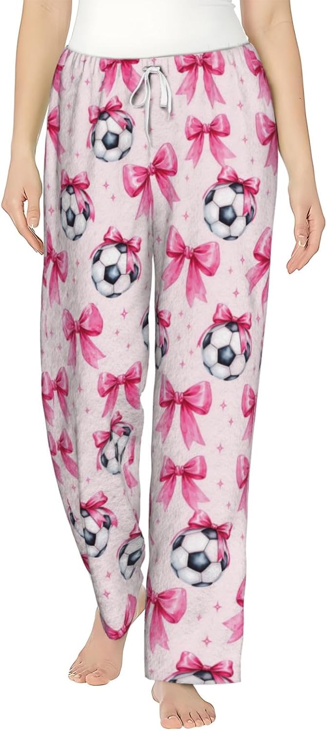 PVVCDV Tennis Racket Bow Stripe Flannel Pajama Pants For Women. Soft Fleece Lounge Pants