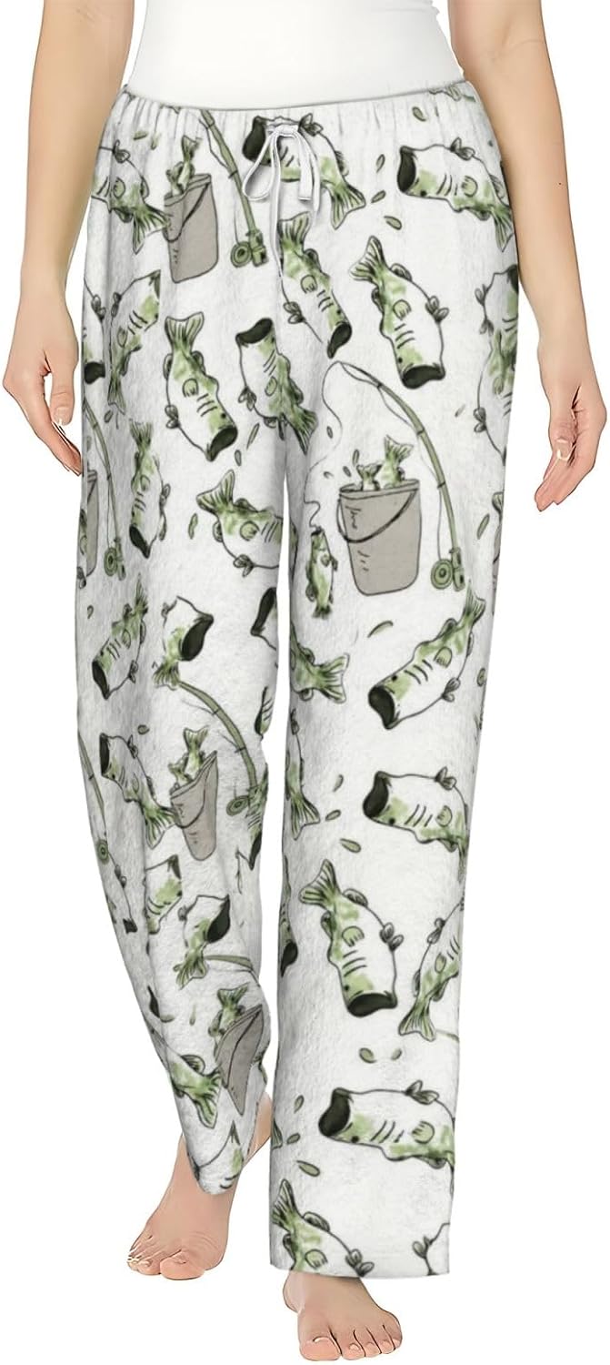 PVVCDV Green Fish Bucket Minimalist Flannel Pajama Pants For Women. Soft Fleece Lounge Pants