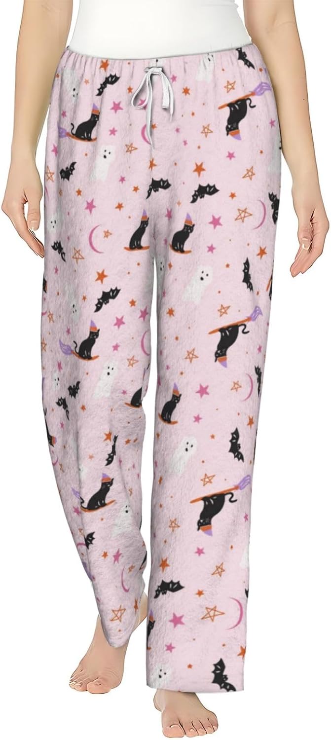 Halloween Ghost Pumpkin Witch Hat Flannel Pajama Pants For Women. Soft Fleece Lounge Pants