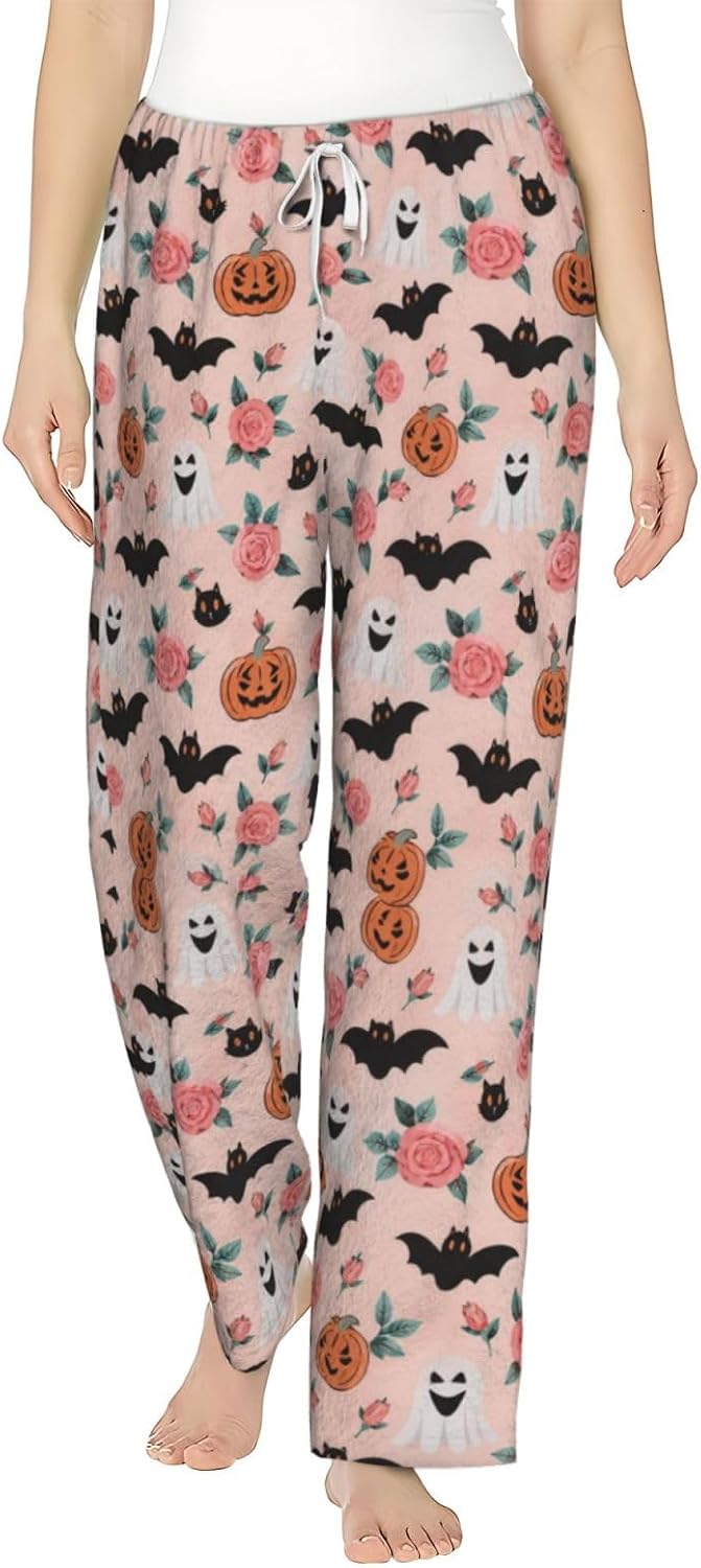Halloween Pumpkin Ghost Bat Flannel Pajama Pants For Women. Soft Fleece Lounge Pants With Pockets And Adjustable Drawstring
