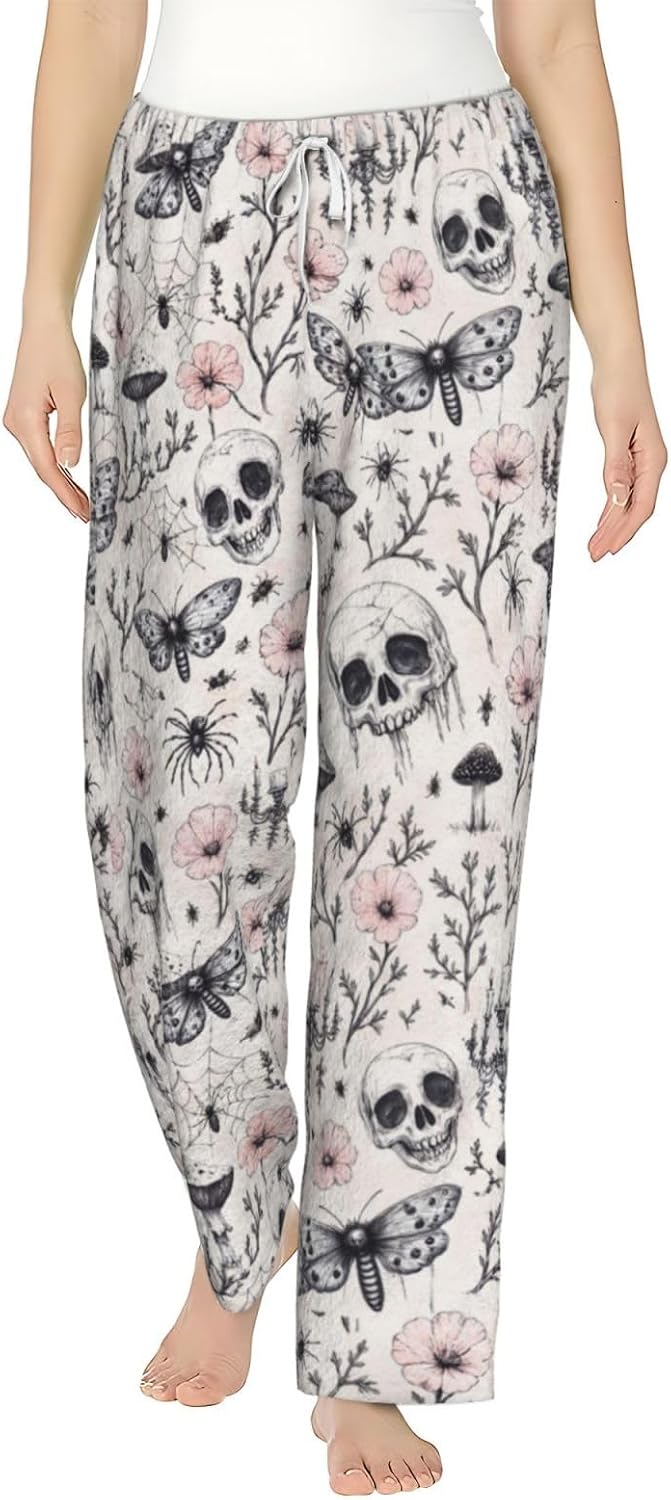 Gothic Bat Floral Black White Flannel Pajama Pants For Women. Soft Fleece Lounge Pants With Pockets And Adjustable Drawstring