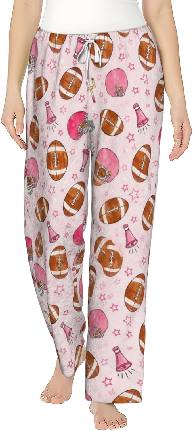 Soccer Ball Field Sports Flannel Pajama Pants For Women. Soft Fleece Lounge Pants With Pockets And Adjustable Drawstring