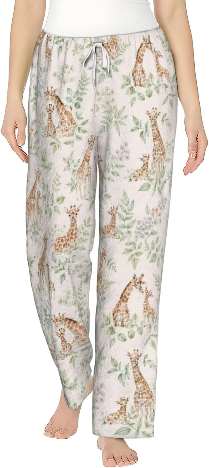 Giraffe Floral Botanical Flannel Pajama Pants For Women. Soft Fleece Lounge Pants With Pockets And Adjustable Drawstring