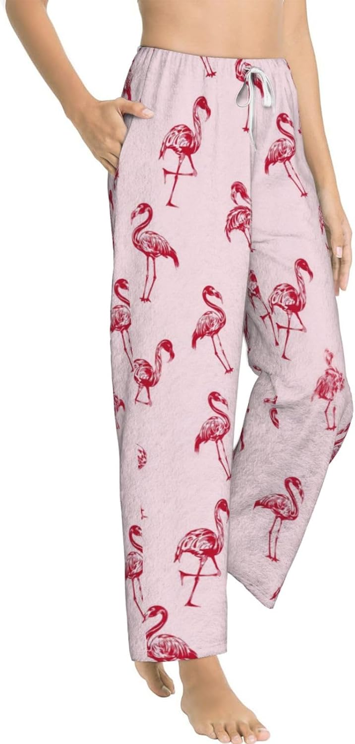 Pink Flamingo Bird Flannel Pajama Pants For Women. Soft Fleece Lounge Pants With Pockets And Adjustable Drawstring