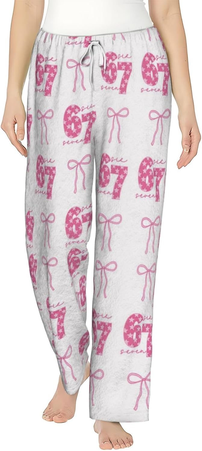 PVVCDV 67 Blue Bow Number Six Seven Flannel Pajama Pants For Women. Soft Fleece Lounge Pants