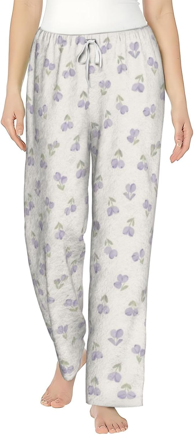 Purple Butterfly Star Flannel Pajama Pants For Women. Soft Fleece Lounge Pants With Pockets And Adjustable Drawstring