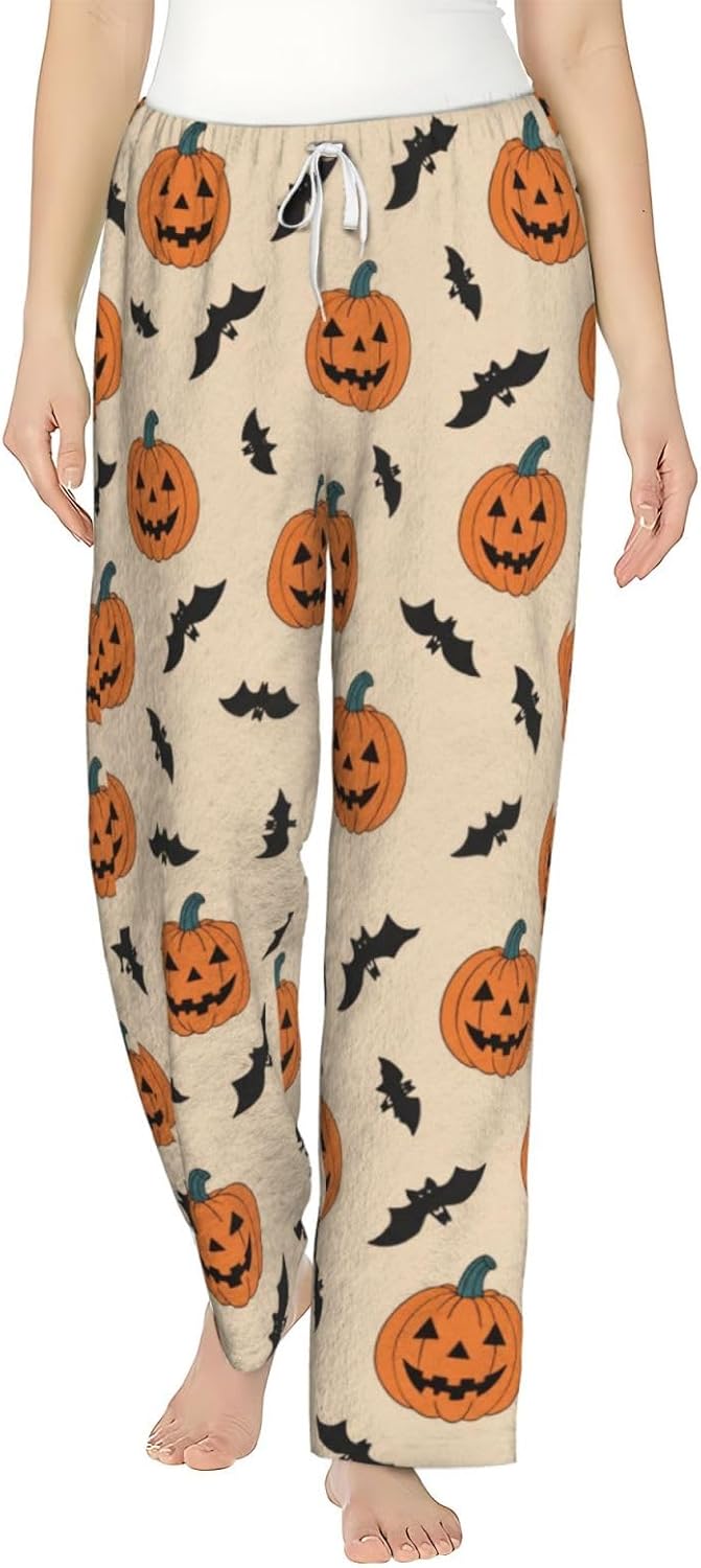 Halloween Pumpkin Ghost Bat Flannel Pajama Pants For Women. Soft Fleece Lounge Pants With Pockets And Adjustable Drawstring