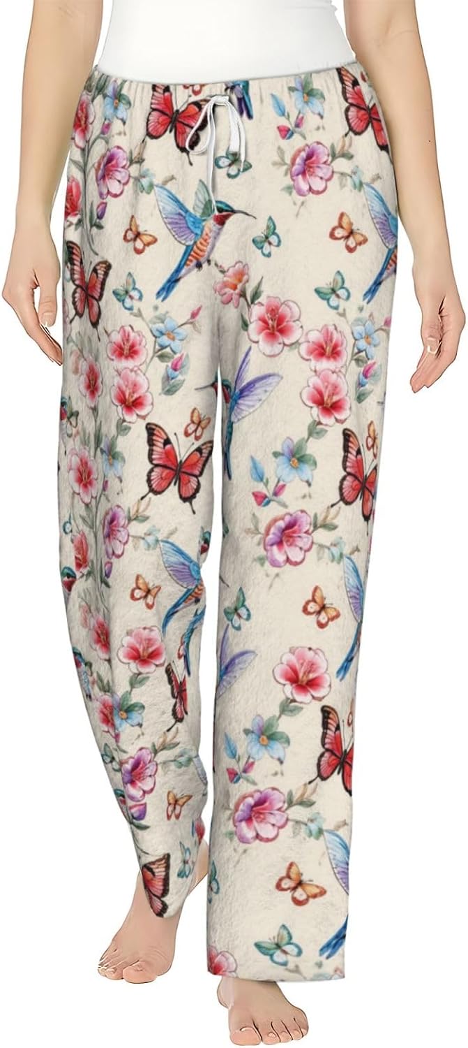 Purple Butterfly Star Flannel Pajama Pants For Women. Soft Fleece Lounge Pants With Pockets And Adjustable Drawstring
