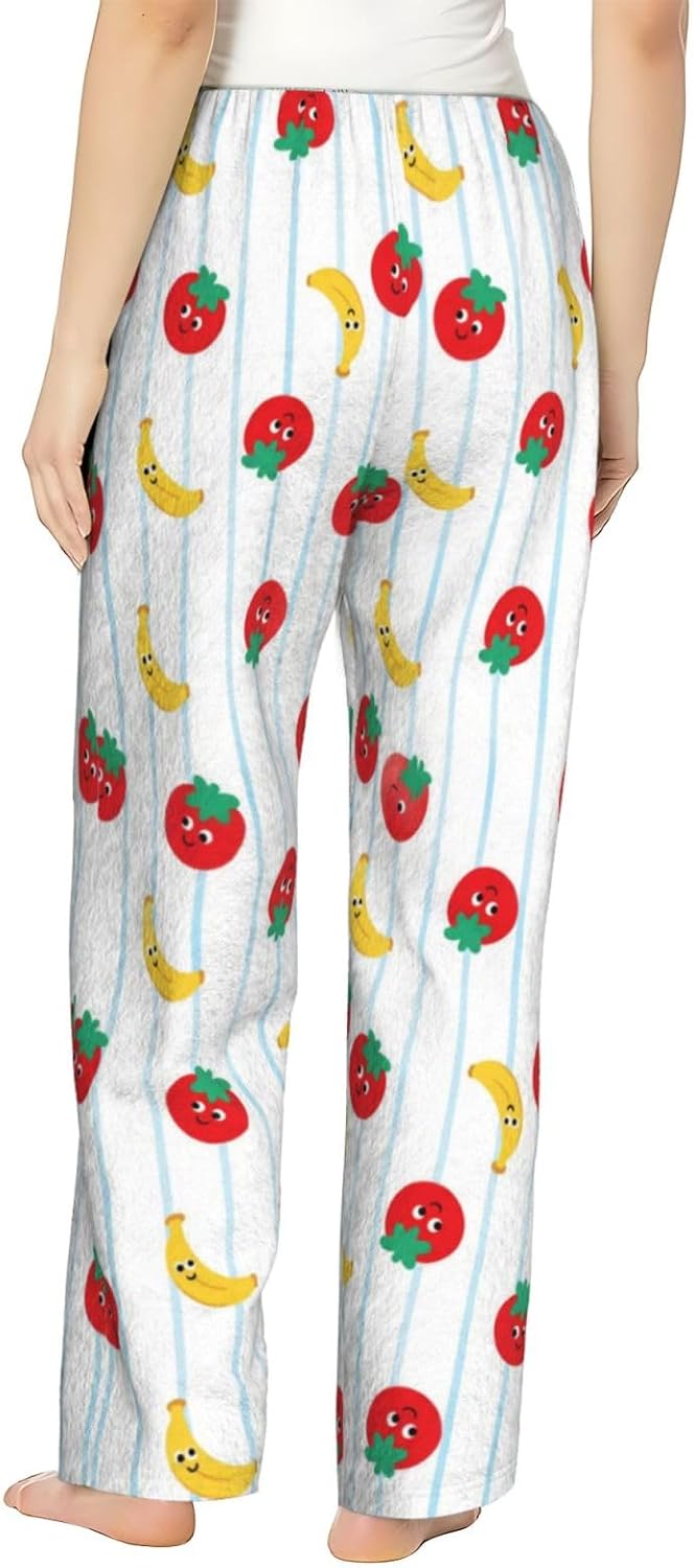 Cute Strawberry Floral Flannel Pajama Pants For Women. Soft Fleece Lounge Pants With Pockets And Adjustable Drawstring