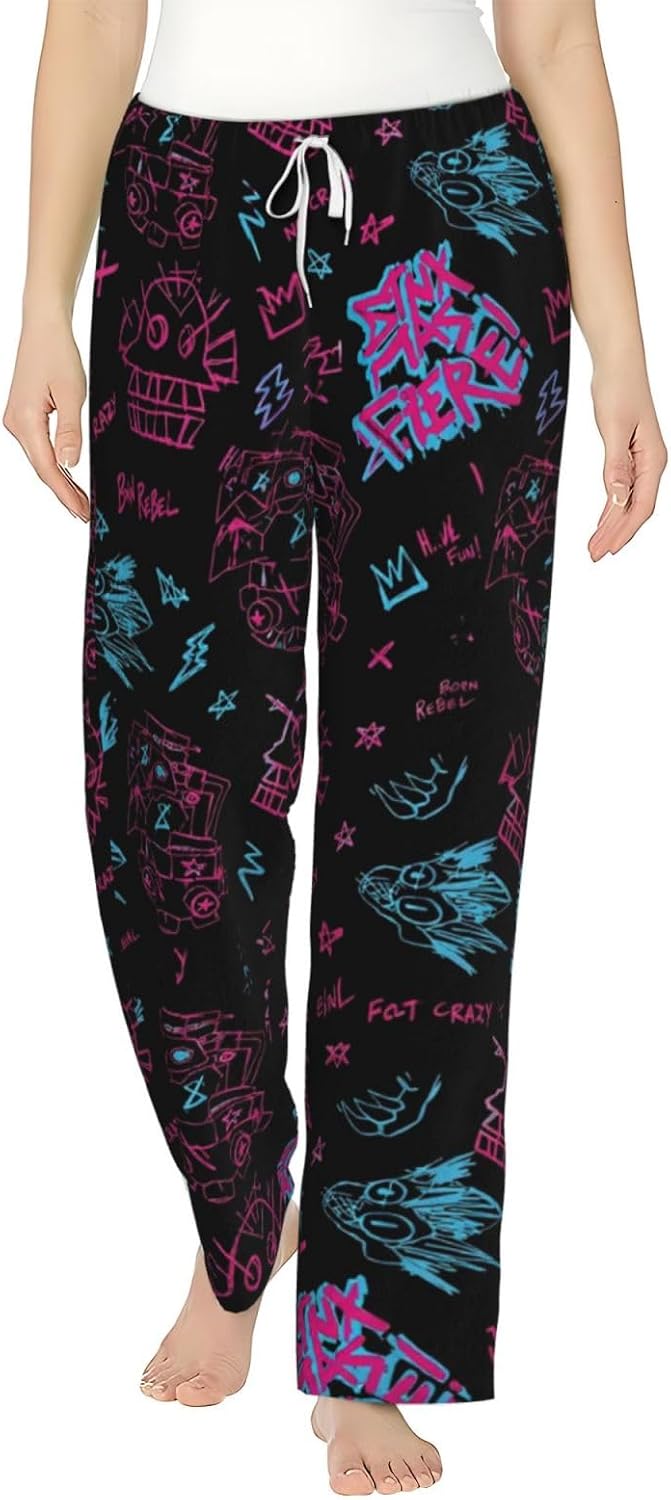 PVVCDV Neon Graffiti Robot Black Flannel Pajama Pants For Women. Soft Fleece Lounge Pants
