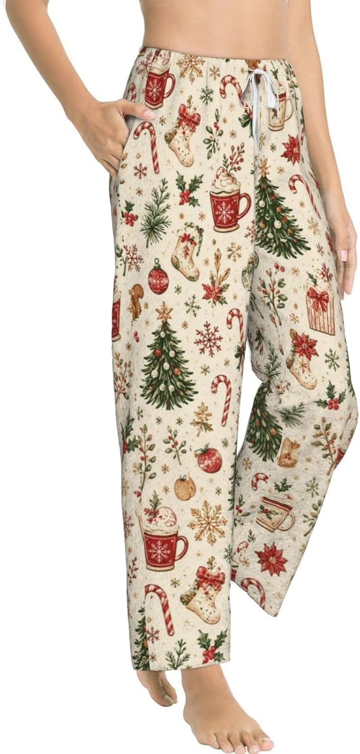 Christmas Leopard Cat Flannel Pajama Pants For Women. Soft Fleece Lounge Pants With Pockets And Adjustable Drawstring