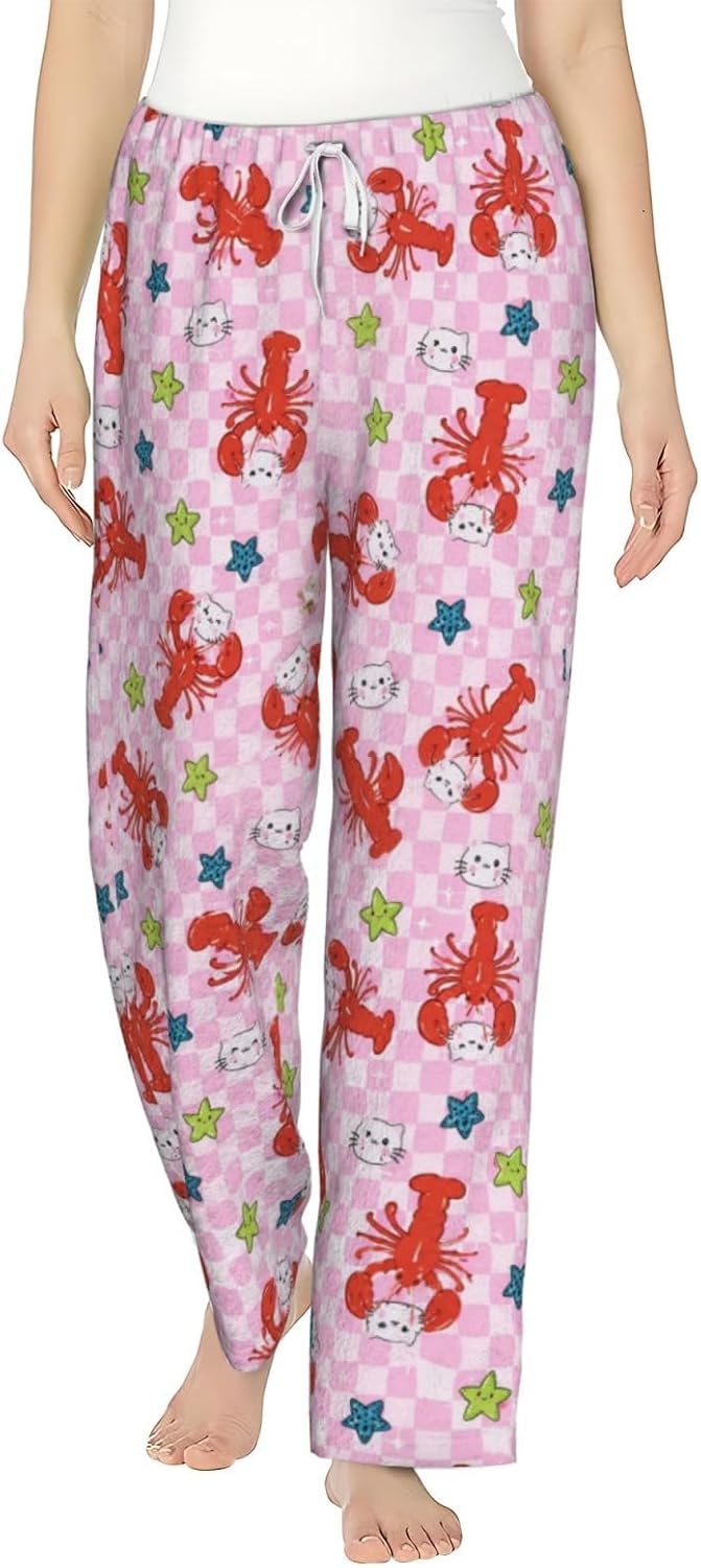 Cute Strawberry Floral Flannel Pajama Pants For Women. Soft Fleece Lounge Pants With Pockets And Adjustable Drawstring