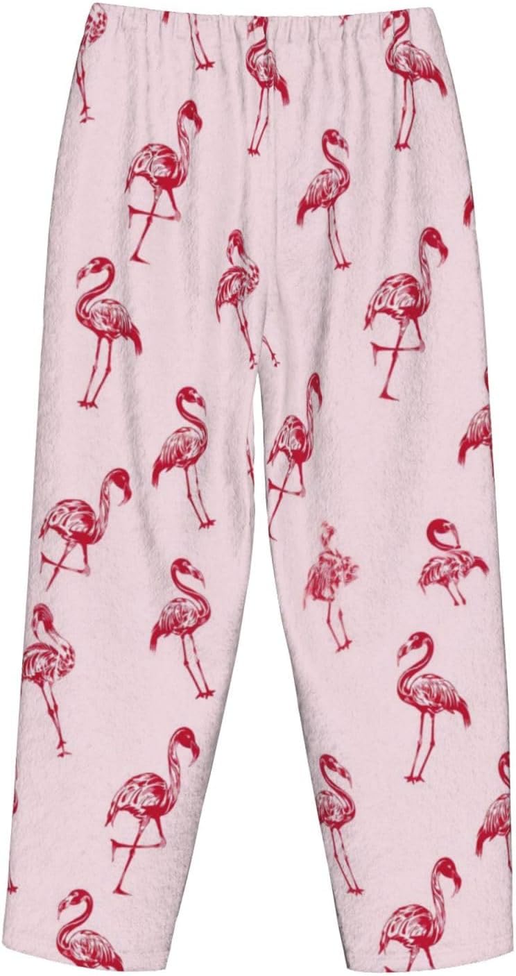 Pink Flamingo Bird Flannel Pajama Pants For Women. Soft Fleece Lounge Pants With Pockets And Adjustable Drawstring
