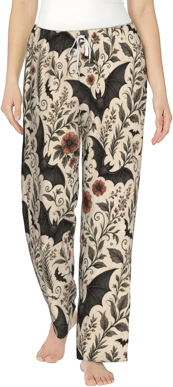 Halloween Pumpkin Ghost Bat Flannel Pajama Pants For Women. Soft Fleece Lounge Pants With Pockets And Adjustable Drawstring