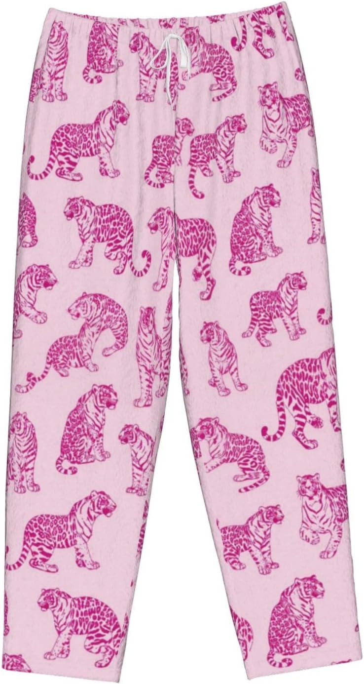 Pink Tiger Rose Floral Flannel Pajama Pants For Women. Soft Fleece Lounge Pants With Pockets And Adjustable Drawstring