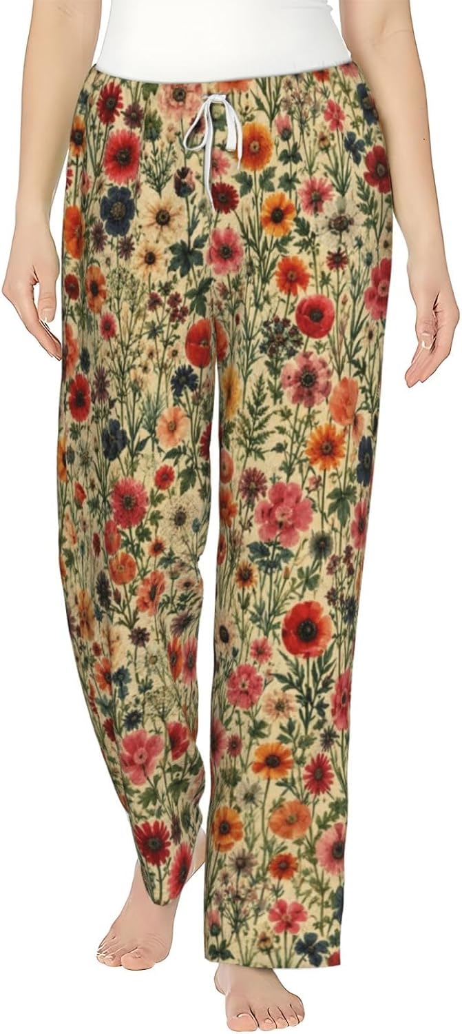 Floral Garden Boho Flannel Pajama Pants For Women. Soft Fleece Lounge Pants With Pockets And Adjustable Drawstring