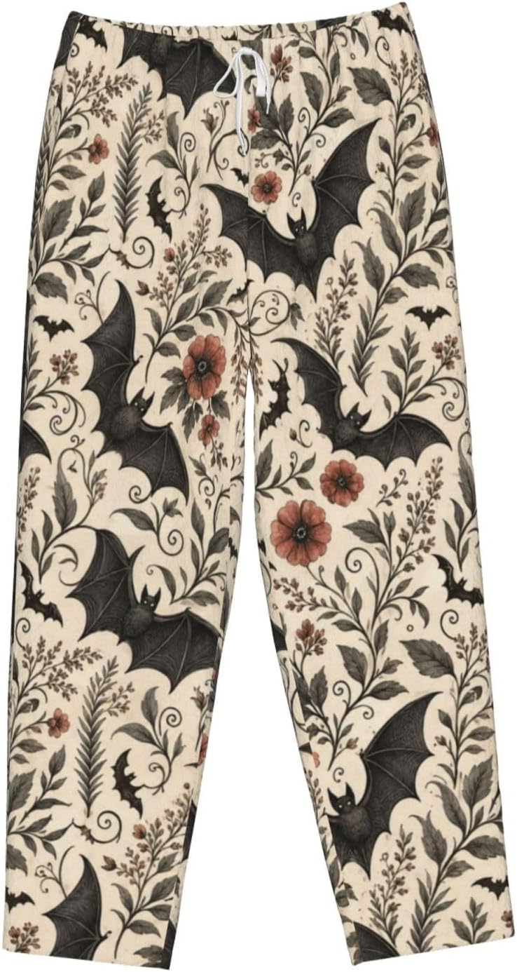 Halloween Pumpkin Ghost Bat Flannel Pajama Pants For Women. Soft Fleece Lounge Pants With Pockets And Adjustable Drawstring