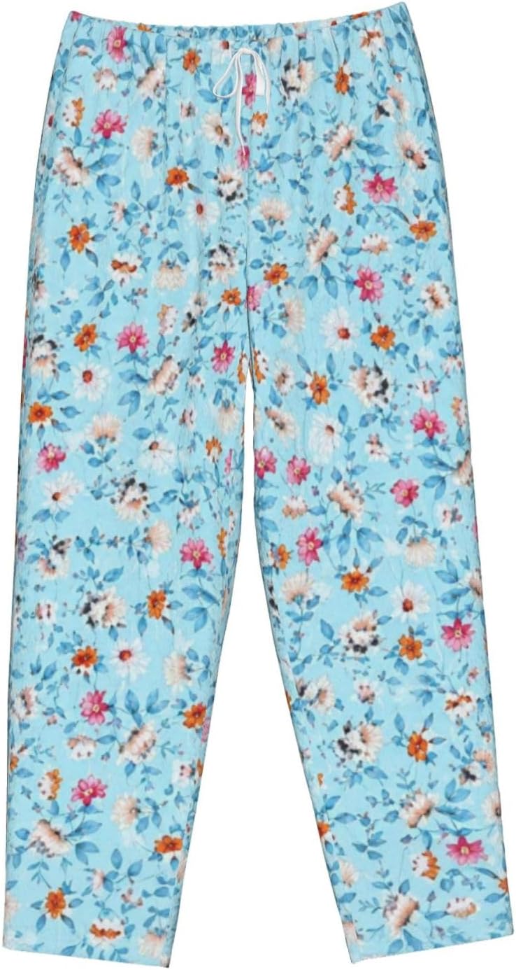 Blue Floral Flannel Pajama Pants For Women. Soft Fleece Lounge Pants With Pockets And Adjustable Drawstring