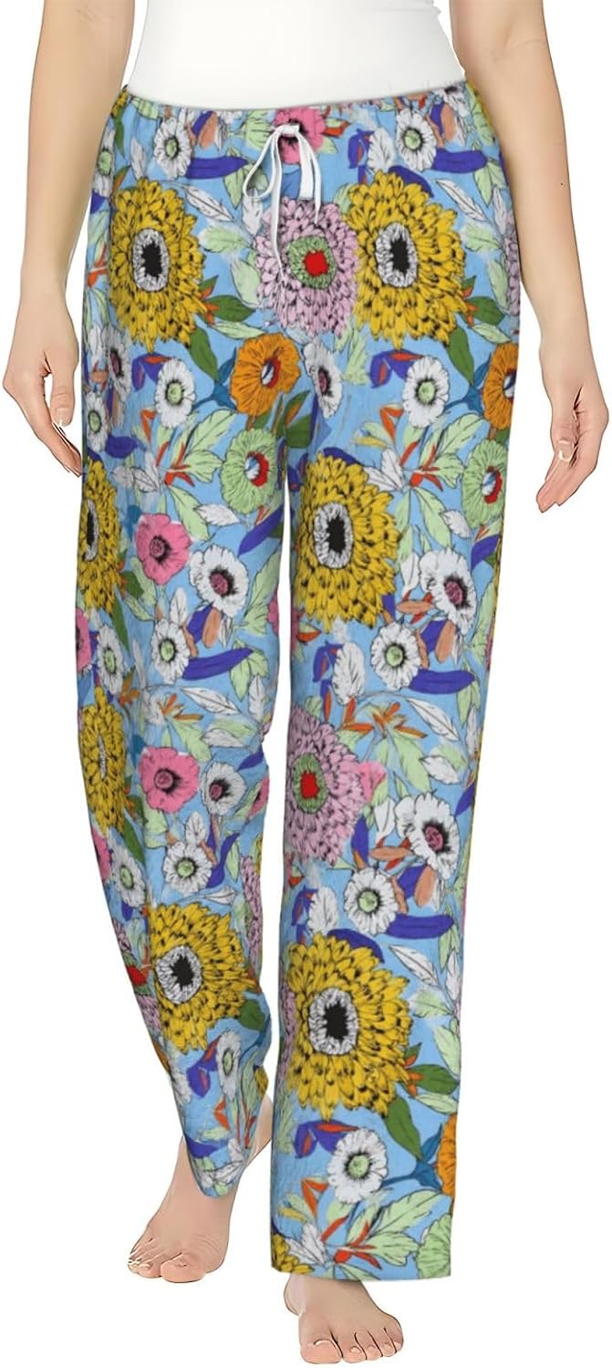 Floral Garden Boho Flannel Pajama Pants For Women. Soft Fleece Lounge Pants With Pockets And Adjustable Drawstring
