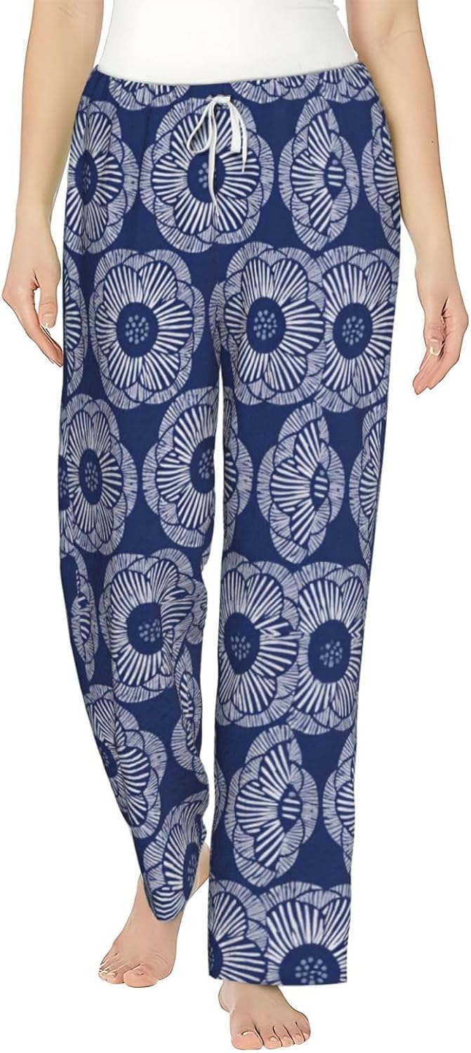 Blue Hydrangea Floral Flannel Pajama Pants For Women. Soft Fleece Lounge Pants With Pockets And Adjustable Drawstring