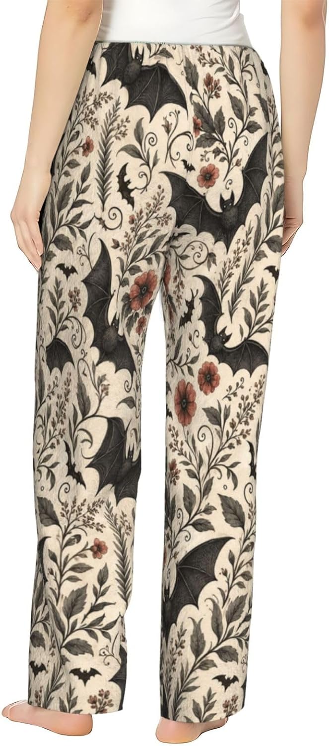 Halloween Pumpkin Ghost Bat Flannel Pajama Pants For Women. Soft Fleece Lounge Pants With Pockets And Adjustable Drawstring